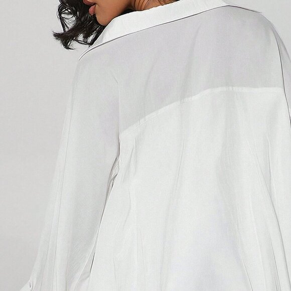 White Casual Women's Balloon Bubble Hem High Low Deep V Collar Shirt - Picture 7 of 7